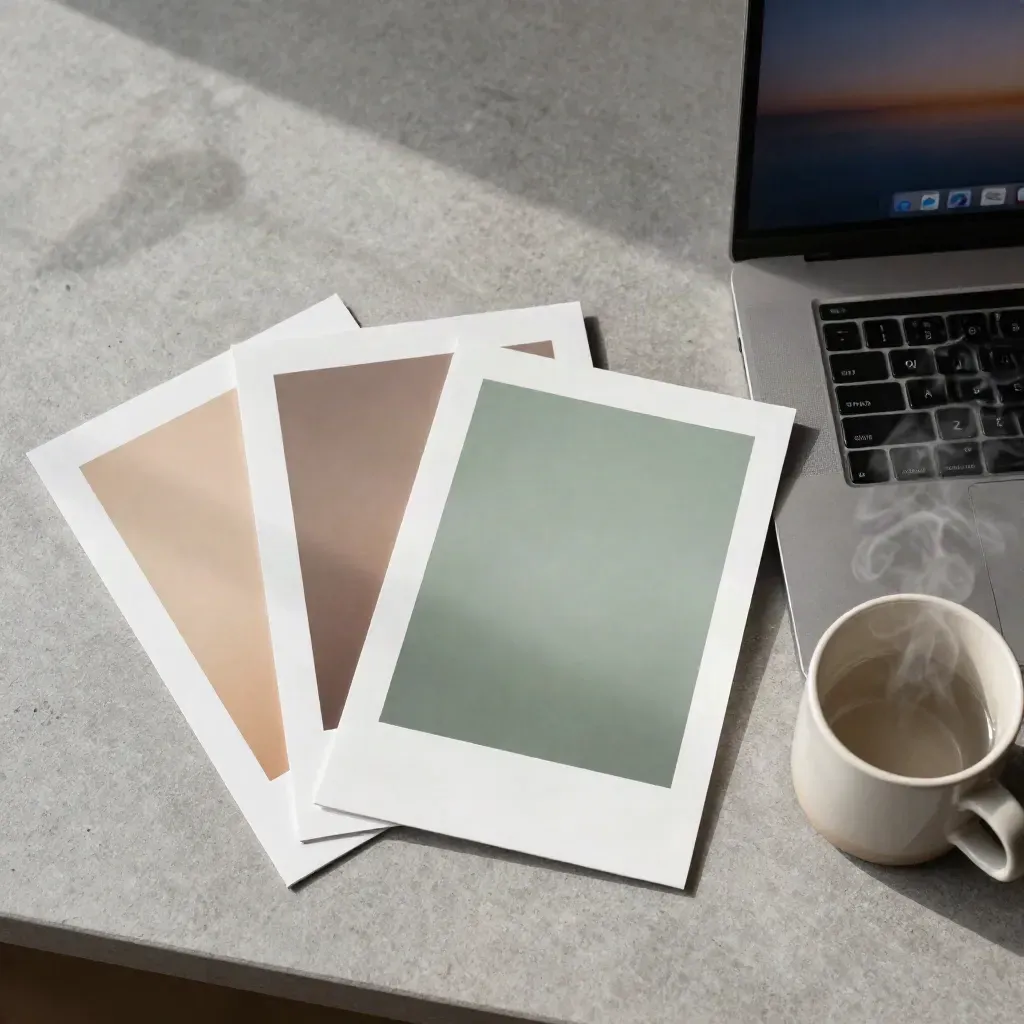 Top-down editing flat lay with prints, laptop edge, and mug on a stone counter