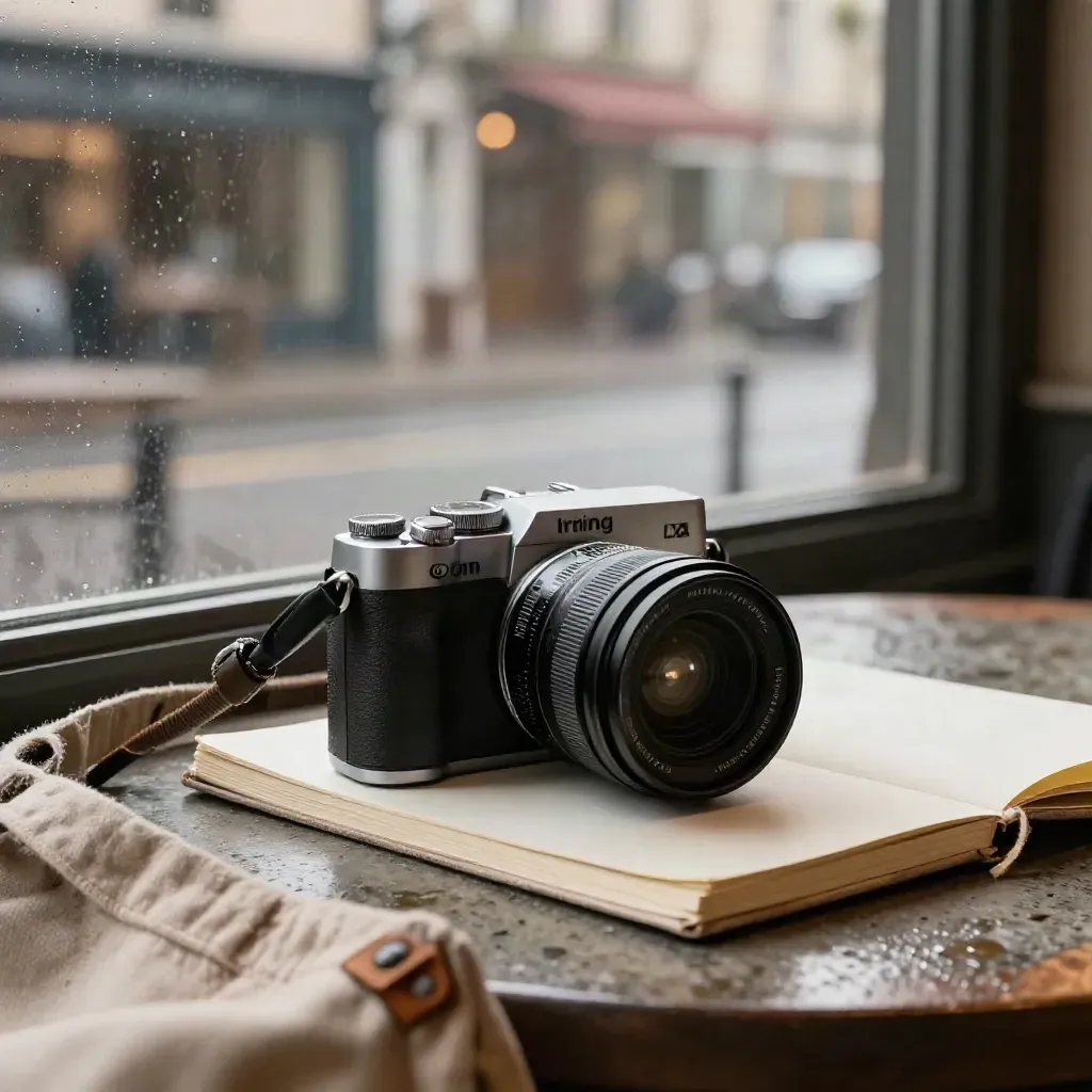 Travel kit on a café table: compact camera, strap, notebook, tote, drizzle and steam.