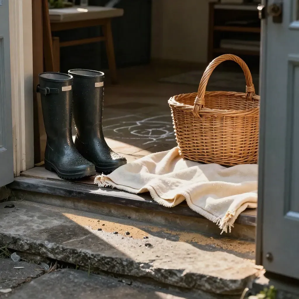 Rain boots, picnic blanket and wicker basket by a back door after summer rain.