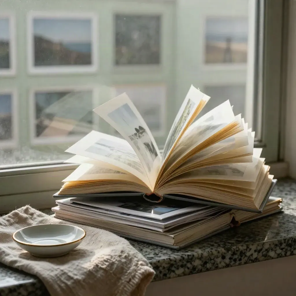 Travel prints, open memory book, linen cloth, and keepsake dish on a rain-dark window ledge at dawn
