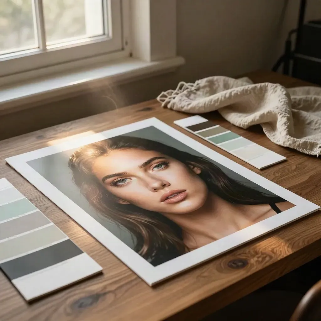 Portrait print, swatches, bounce card, and linen cloth on a warm editing table by window light