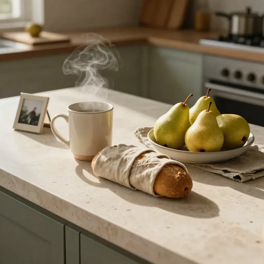 Steam rising over mug, pears, linen-wrapped loaf, and a face-down frame on a travertine counter.