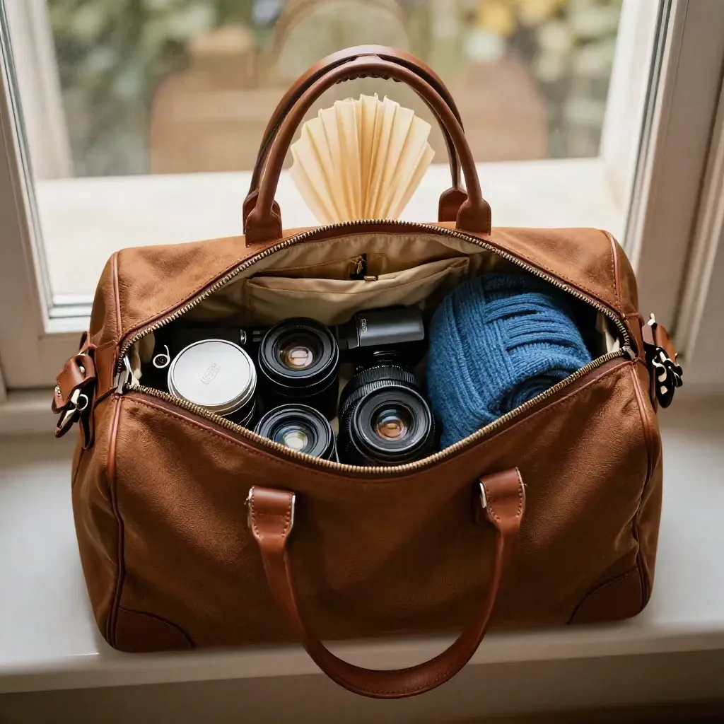 Open weekender bag packed with travel camera gear, a slate sweater, and battery by a hotel window.
