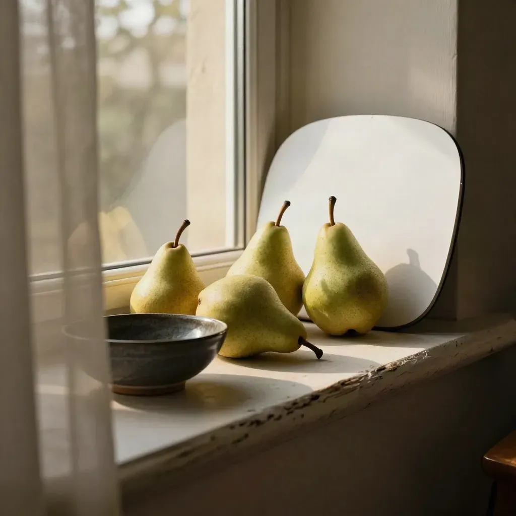 Pears by a window with a white reflector board, sheer curtains, and a dark bowl in soft light.