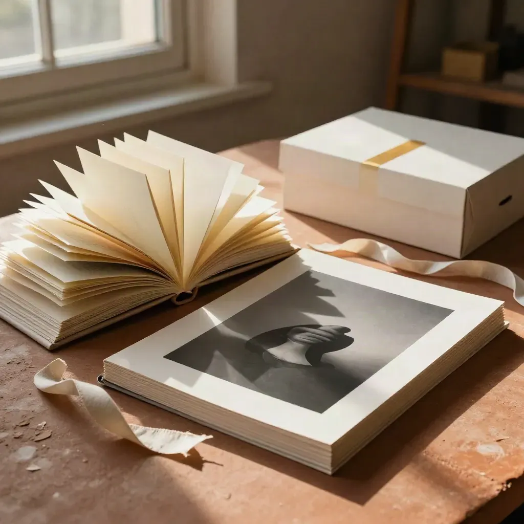 Top-down memory book, matte prints, linen ribbon and archival box on a terracotta clay surface.