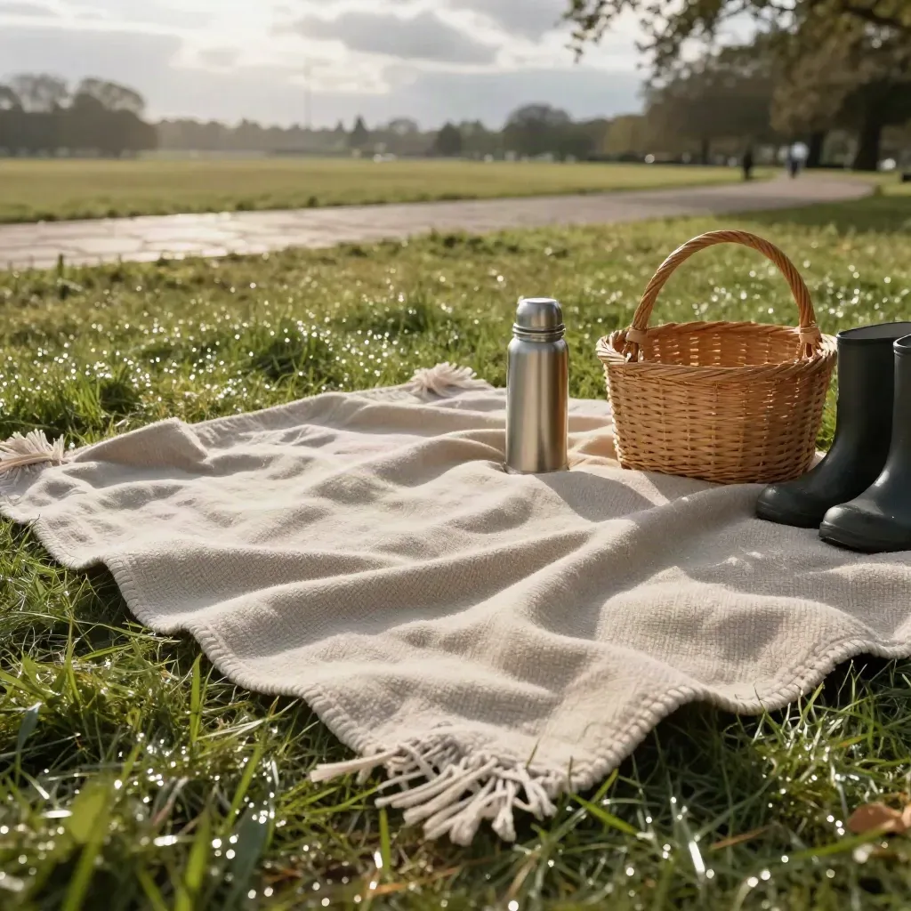 Picnic blanket, thermos, woven basket and kids' rain boots on damp grass after rain.