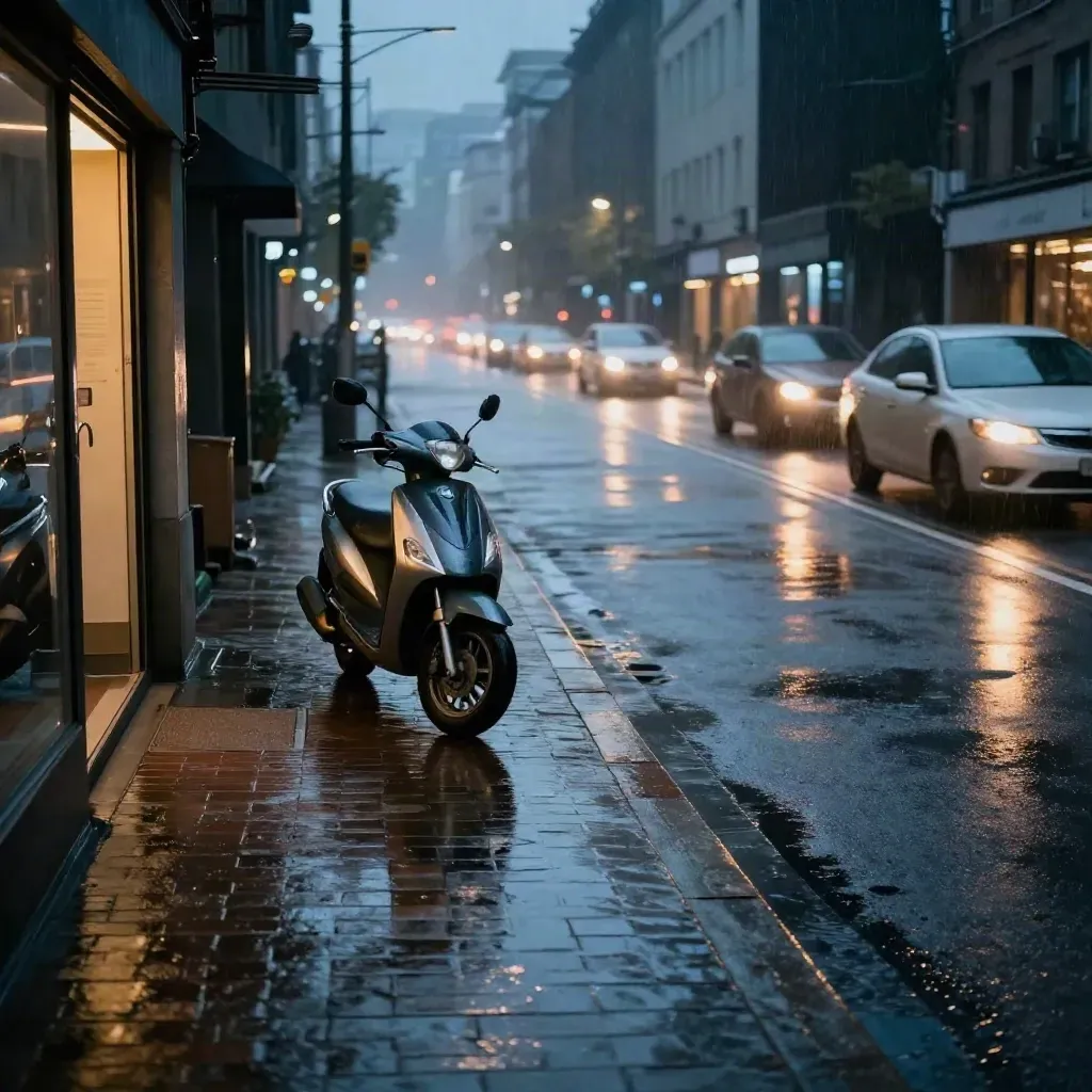 Rainy night street with a scooter, glowing storefront, and mirrored traffic reflections