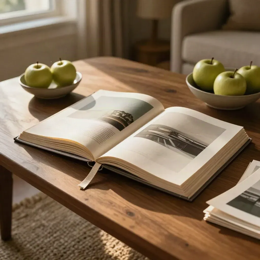 Open photo book with prints, linen bookmark, and apples on a walnut coffee table.