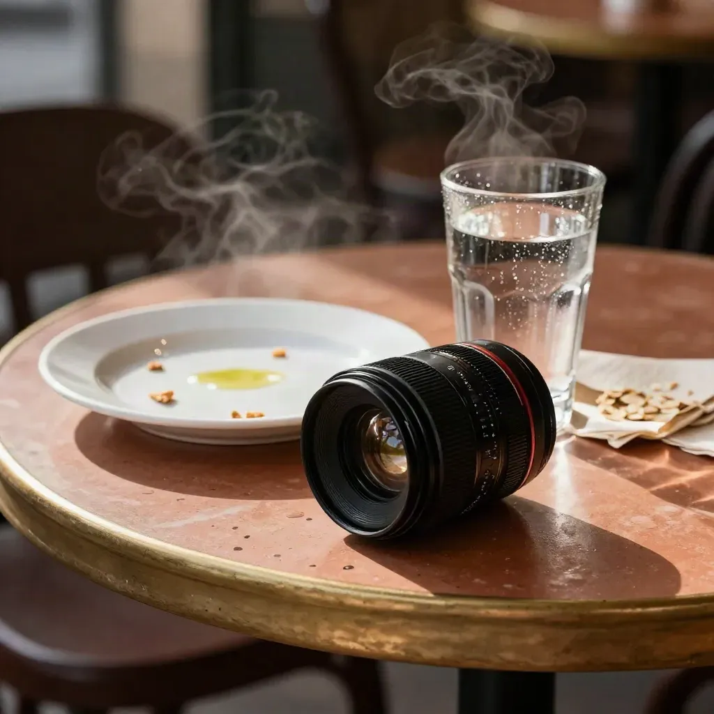 Lens, plate, glass, and napkin on a terracotta café table with steam drifting