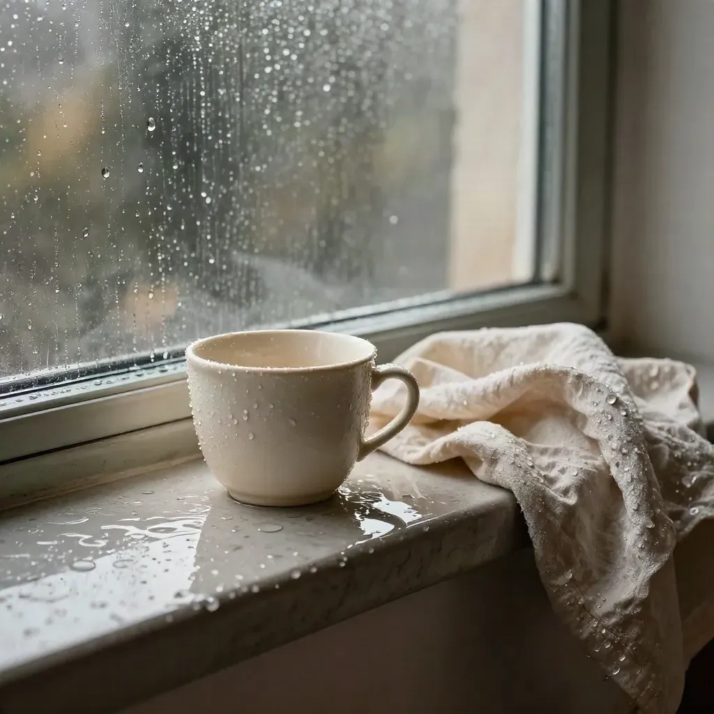 Rain-spattered window ledge with a ceramic cup and pale cloth in soft rainy light