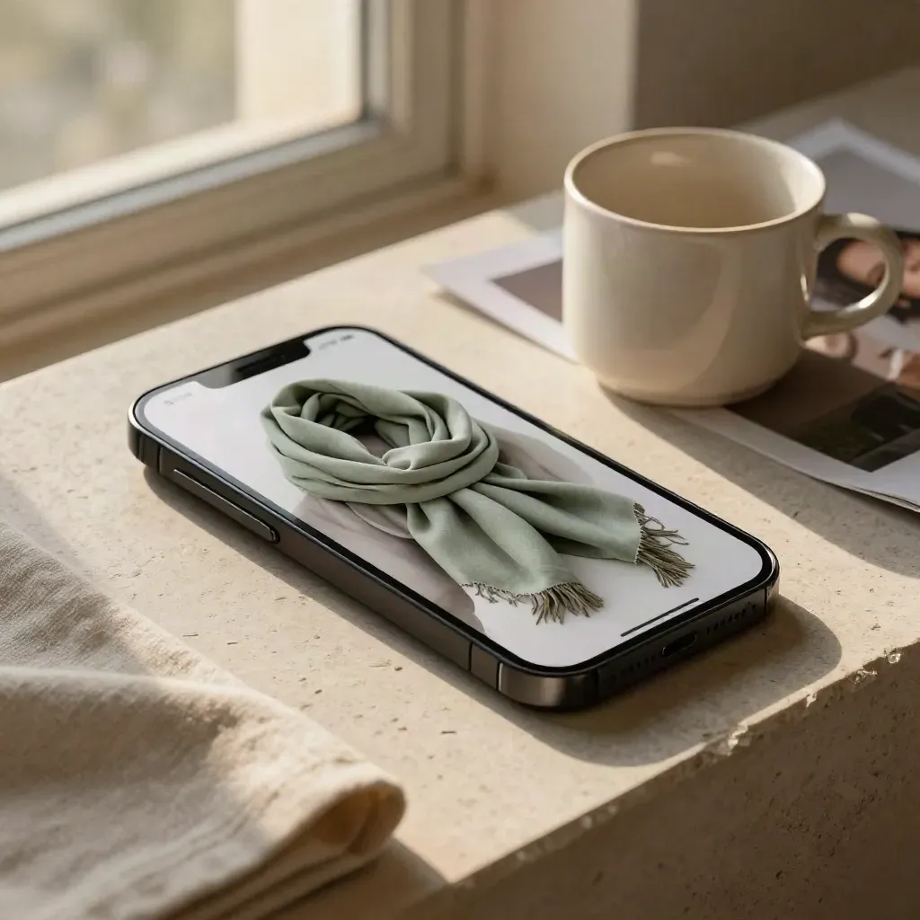Smartphone on a stone ledge with scarf, mug and blurred portrait print in warm window light.