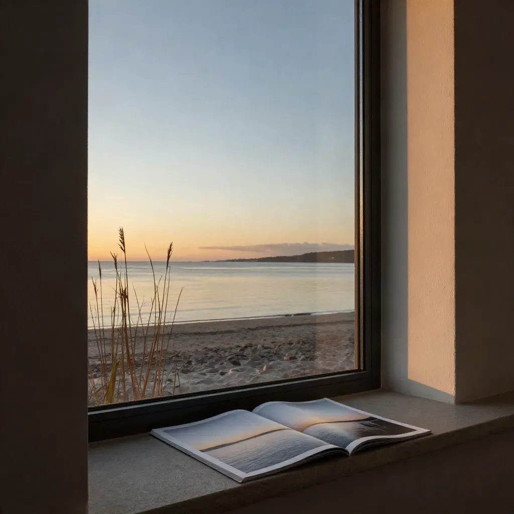 Sunset shoreline reflected in a window with reed shadows and a photo print on the sill.