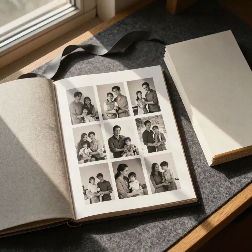 Overhead family photo pages, album, ribbon and archival sleeves in warm window light.