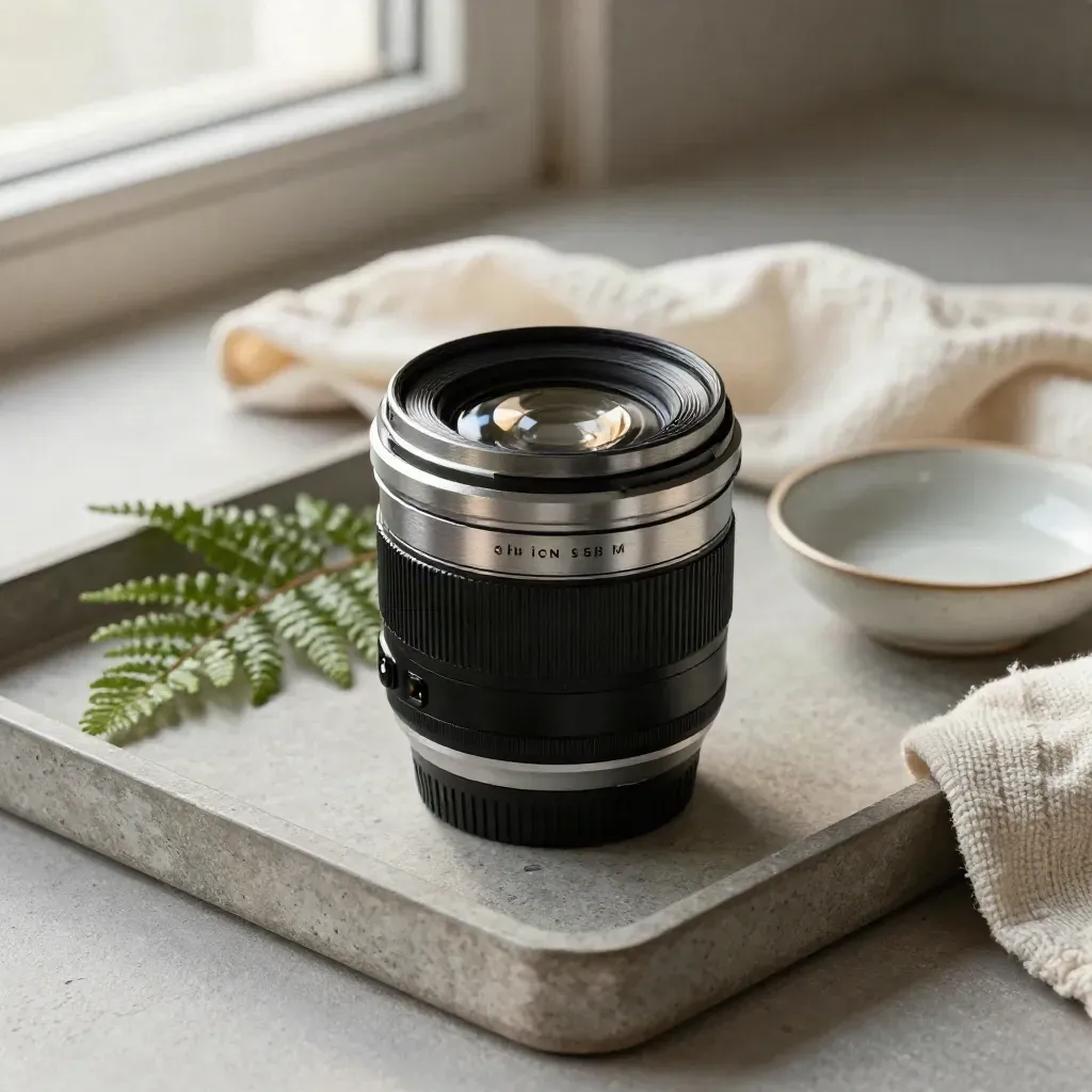 Mirrorless lens with metal hood, fern, cloth and ceramic dish on a stone tray in soft light.