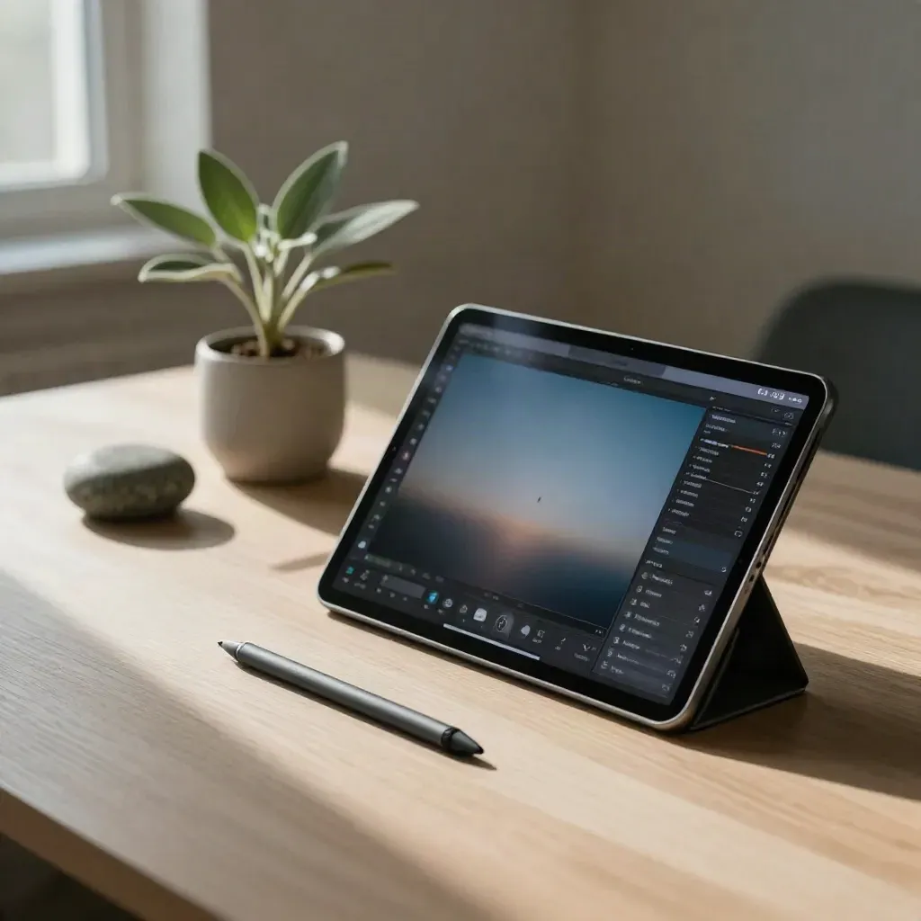 Tablet with blurred editing screen, stylus, plant, and stone paperweight on pale wood.