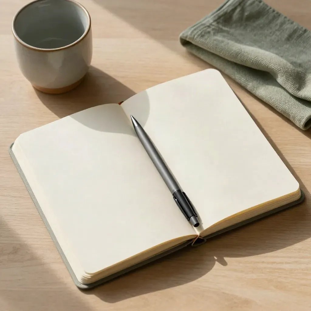 Overhead notebook flatlay with pen, ceramic cup and sage cloth on pale wood.