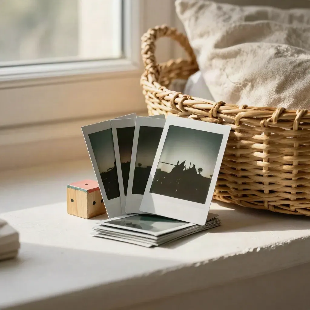 Instant-print snapshots, toy block, basket edge, and linen cushion on a plaster sweep.